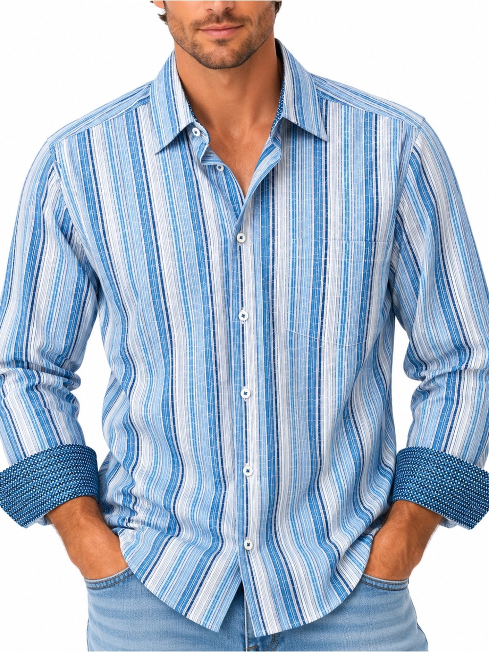 Bugatchi Uomo Mens XL Blue White Striped Cotton Button Down Shirt Flip Cuffs